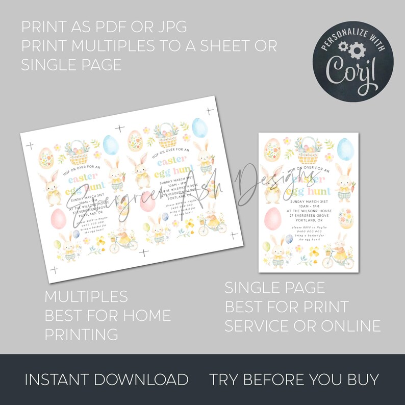 May include: Two Easter-themed invitation designs. One shows multiple invitations on a sheet, the other a single invitation. Both feature watercolor illustrations of Easter eggs, bunnies, and flowers. Text includes "Easter Egg Hunt" and event details.