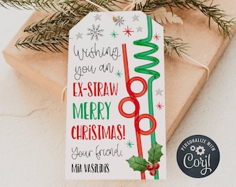 Christmas Crazy Straw Gift Tag Template, Printable Ex-Straw Merry Christmas Favor Tag, Editable School Class Holiday Tags, Digital Download