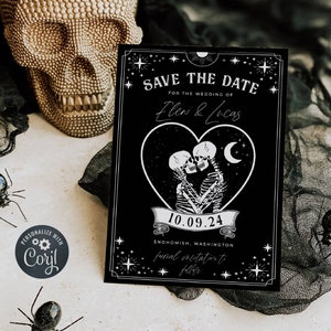 Tarot Karte Save the date Vorlage, druckbare Gothic Halloween Hochzeit, bearbeitbare Skelett Liebhaber einladen, Sofort Download, #H9