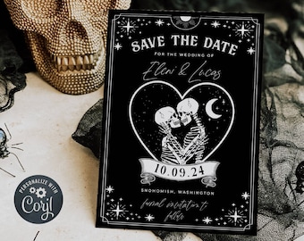 Plantilla para guardar la fecha con cartas del tarot, anuncio de boda gótico de Halloween imprimible, invitación editable para amantes de los esqueletos, descarga instantánea, #H9