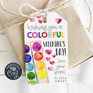 Modèle d'étiquette-cadeau de peinture Saint-Valentin, étiquettes de faveur imprimables colorées pour la Saint-Valentin, étiquette de classe enfants peinture aquarelle modifiable, téléchargement immédiat
