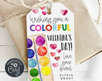 Paint Valentine Gift Tag Template, Printable Colorful Valentine's Day Favor Tags, Editable Watercolor Paint Kids Class Tag, Digital Download