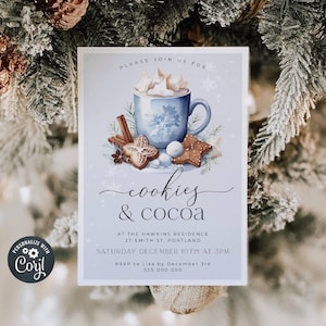 Cookies & Cocoa Christmas Invitation Template, Printable Hot Chocolate Holiday Party Invite, Editable Winter Invitation, Instant Download