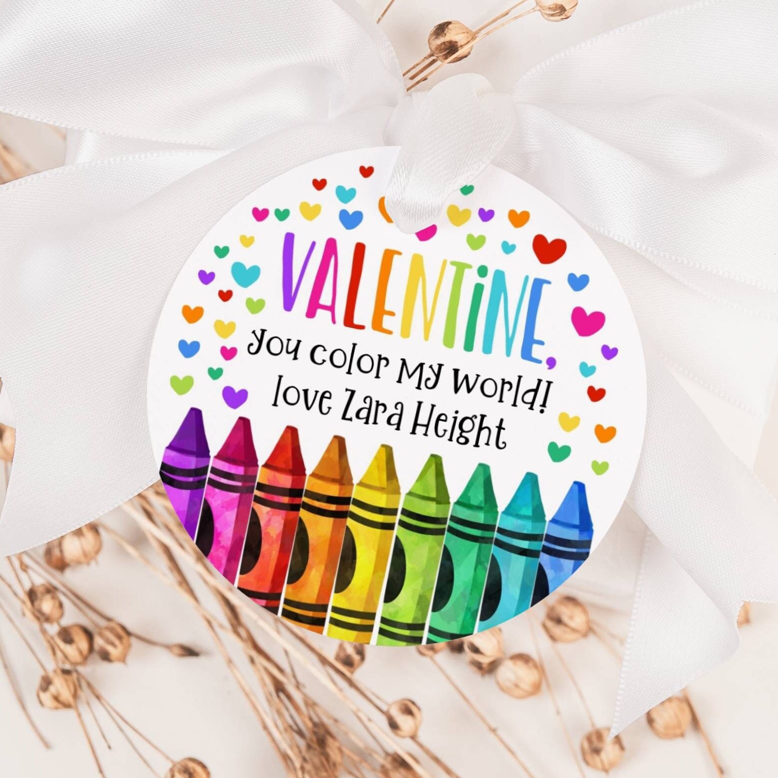 Colorful Valentines Stickers, Printable Crayons Valentines Day Tags for Kids,  Personalized Valentine Crayon Favor Sticker instant Download 