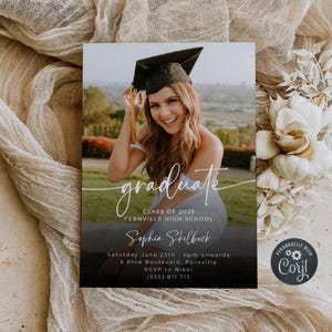 Photo Graduation Party Invitation Template, Printable Modern Graduate Announcement, Editable Minimalist Grad Invite, Instant Download