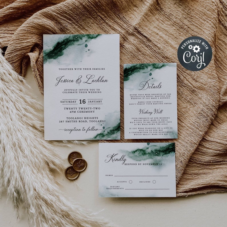 Emerald Green Watercolor Wedding Invitation Suite, Printable Wedding Invite Set, Editable Abstract Invite Details RSVP Instant Download EGW image 1