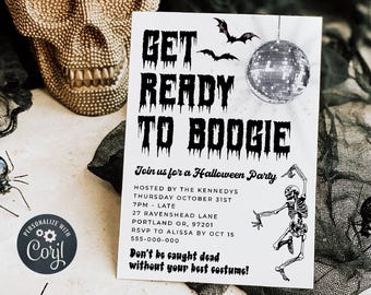 Retro Disco Ball Halloween Party Invitation Template, Printable Let's Boogie Dancing Skeleton Invite, Editable Groovy Bats, Digital Download