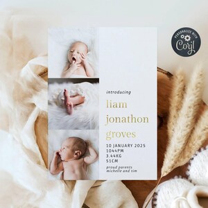 Modèle simple de faire-part de naissance or, photos imprimables carte de naissance, nouveau-né minimaliste modifiable merci, téléchargement immédiat