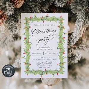 May include: A Christmas party invitation with a watercolor illustration of a garland of green leaves with red, yellow, and blue lights. The text reads "Please join us for a Christmas party hosted by the Green family Saturday 17 December 7pm - late 27 Spruce St, Portland Rigato Michelle by December 3rd 555 000 000"