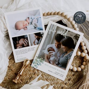 Modèle de faire-part de naissance bébé verdure, cartes photo imprimables pour nouveau-né eucalyptus, modifiable Bonjour tout le monde, merci, téléchargement immédiat