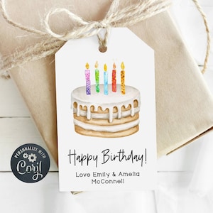 May include: White gift tag with a watercolor illustration of a birthday cake with five colorful candles. The text reads "Happy Birthday! Love Emily & Amelia McConnell."