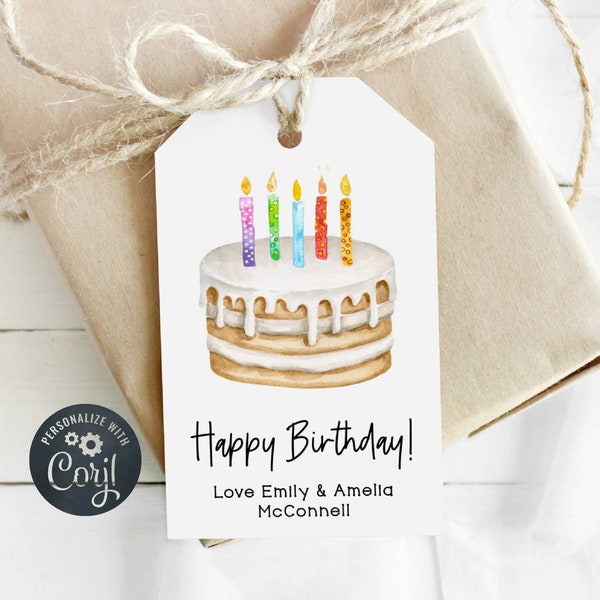 Printable Happy Birthday Gift Tag Template, Birthday Cake and Candles Favor Tag, Editable Simple Fun Cake Gift Tags, Instant Download