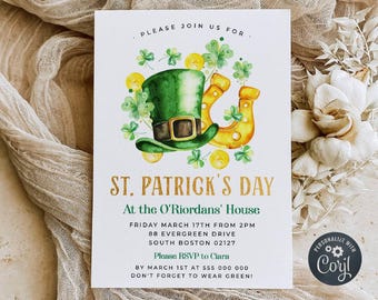 St. Patrick's Day Party Invitation Template, Printable Shamrock Horseshoe Adult Invite, Editable St. Patricks Irish Invite, Digital Download