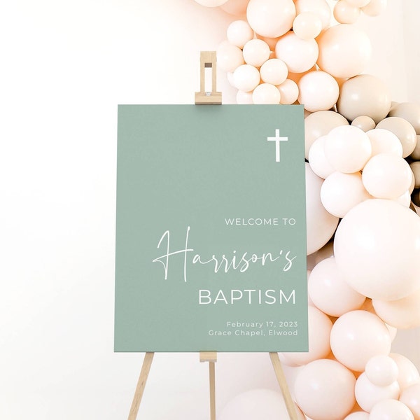 Sage Green Baptism Welcome Sign Template, Printable Modern Minimalist Christening Sign, Religious Welcome Board, Instant Download, #SGB