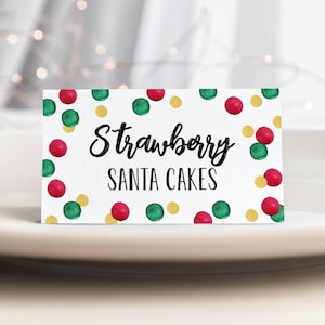 Modelo editável de etiqueta de buffet de Natal, cartão para tenda de comida para festas de fim de ano para impressão, cartões de lugar de Natal, pontos de confete, download instantâneo