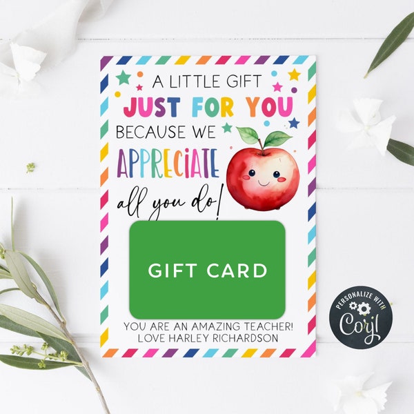 Teacher Appreciation Gift Card Holder Template, Printable A Little Gift Just For You Tag, Editable Staff Appreciation Tags, Instant Download