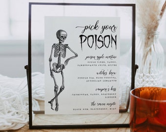 Plantilla de menú de bar con esqueleto vintage de Halloween, cartel imprimible "Elige tu veneno" para bebidas, lista de cócteles modernos y espeluznantes editable, descarga digital.