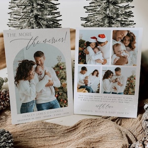Modèle de faire-part de naissance Noël plus joyeux, carte de vœux imprimable pour nouveau-né, voeux photo arche modifiable, téléchargement immédiat