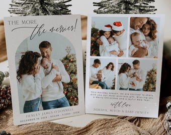 The More The Merrier Christmas Birth Announcement Template, Printable New Baby Holiday Card, Editable Arch Photo Greeting, Digital Download