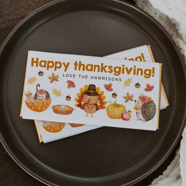 Happy Thanksgiving Chocolate Bar Wrapper Template, Printable Turkey Hedgehog Pumpkin Candy Bar Label, Editable Kids Wrap, Instant Download