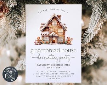 Gingerbread House Decorating Party Invite Template, Printable Christmas Cookie Party, Editable Elegant Holiday Party, Digital Download, #C9
