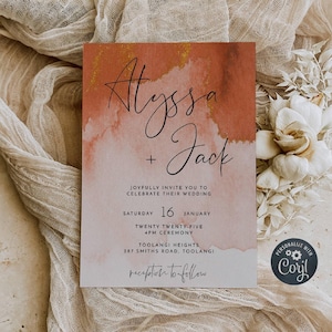 Rust & Gold Hochzeitseinladung Vorlage, druckbare Kupfer Hochzeit einladen, bearbeitbare Aquarell Terrakotta einladen Karte, Sofort Download, #WC3