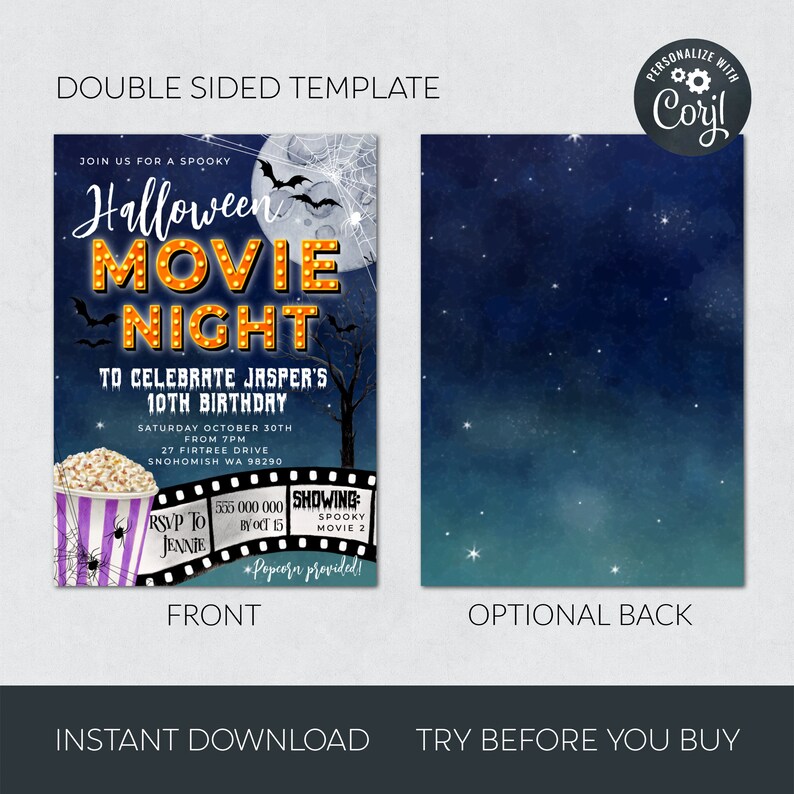 Halloween Backyard Movie Night Invitation Template Printable - Etsy