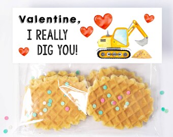 Printable Valentine's Day Treat Bag Toppers, Construction Digger Valentine Tags, I Really Dig You, School Classroom Tag Digital Download PDF