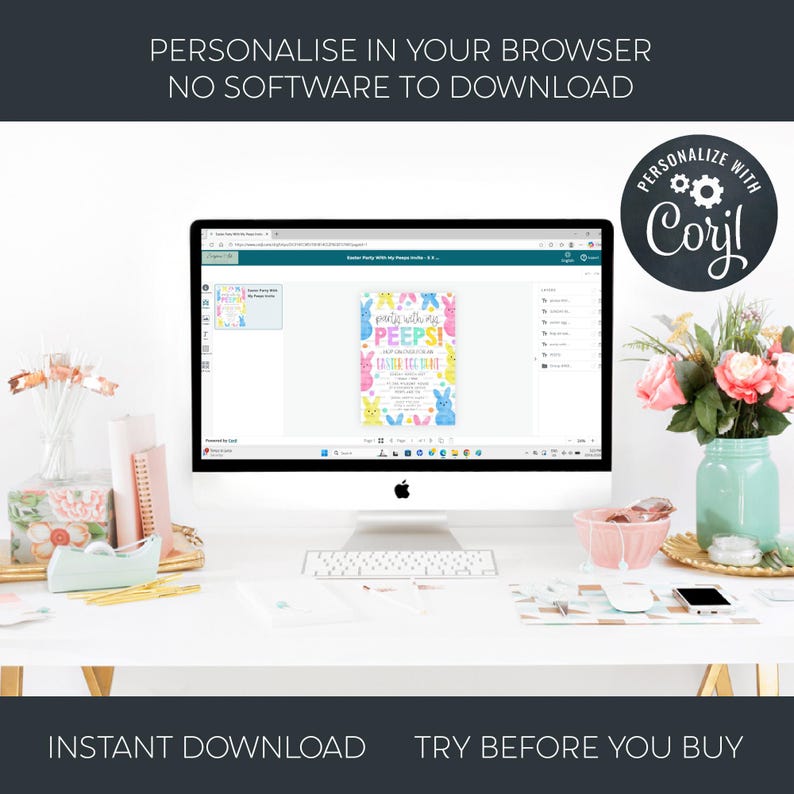 May include: A desktop computer displays an Easter party invitation with colorful bunny and peep graphics. The text on the screen reads "Party with my Peeps! Easter Egg Hunt." The words "Personalize in your browser, no software to download" are at the top.