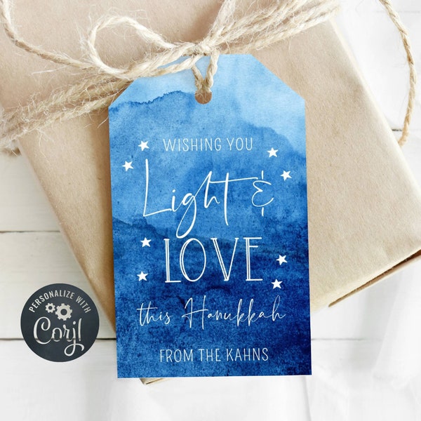 Editable Light & Love Hanukkah Gift Tag Template, Printable Chanukah Tag, Blue Stars Present Tag, Holiday Gift Tag, Instant Download