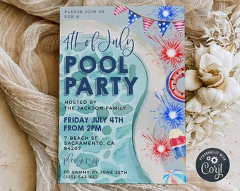 Plantilla de invitación para fiesta en la piscina del 4 de julio, invitación imprimible para fiesta en la piscina del 4 de julio, invitación editable para el Día de la Independencia, descarga digital.
