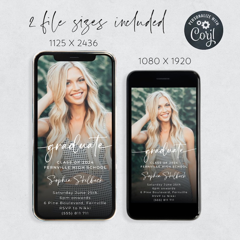 May include: Two phone screen mockups with a graduation invitation design. The invitation features a photo of a woman in a white and black dress, the text "graduate", "Class of 2024", "Fernville High School", "Sophia Stilbeck", "Saturday June 25th", "6pm onwards", "6 Pine Boulevard, Fernville", "RSVP to Nikki", and the phone number "(555) 811 711".