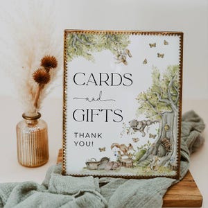 Letrero de regalo y tarjetas para baby shower con temática de bosque, plantilla imprimible para letrero de baby shower con animales del bosque, letrero editable para mesa de baby shower, descarga instantánea, #WS