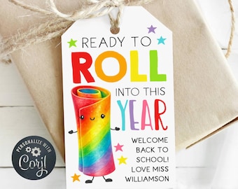 Back To School Roll Up Gift Tag Template, Printable First Day Fruit Rolls Class Favors, Editable Welcome Tag, Digital Download