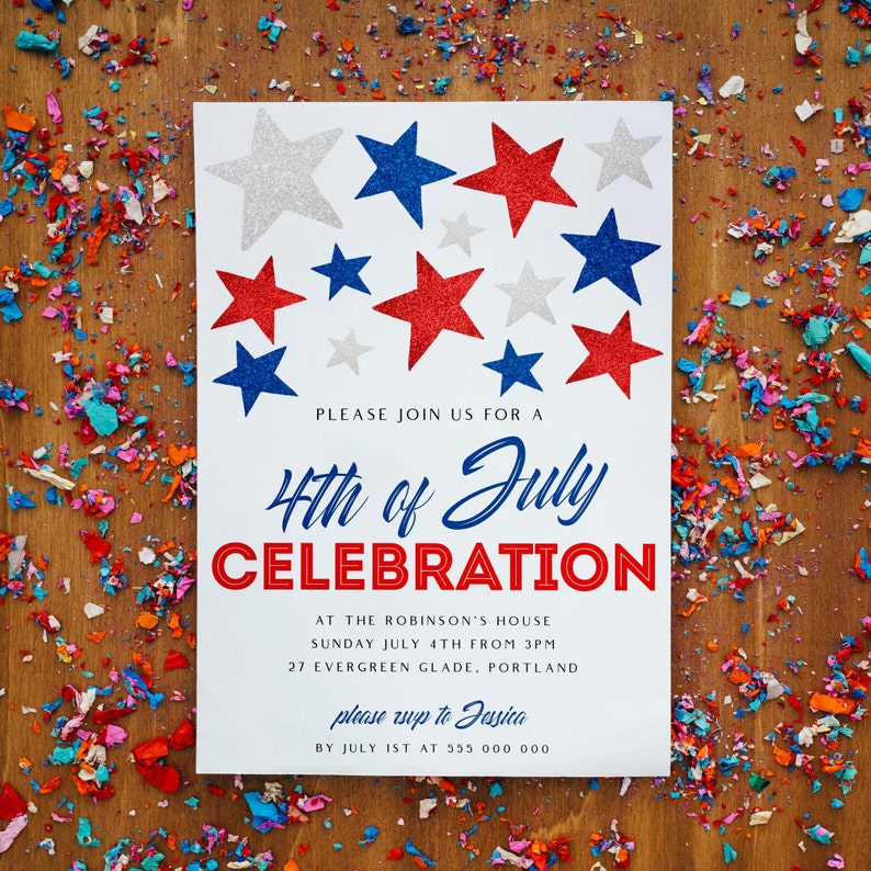 May include: A white invitation card with red, white, and blue star decorations. The text reads "4th of July Celebration" with event details. Confetti in red, blue, and white is scattered around the card on a wooden surface.