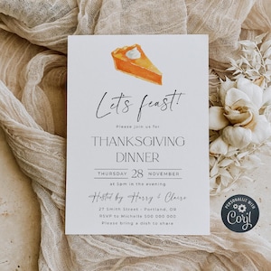 Thanksgiving Dinner Kürbiskuchen Einladung Vorlage, druckbare minimale Friendsgiving einladen, bearbeitbare Dinner Party einladen, digitaler Download Bild 1