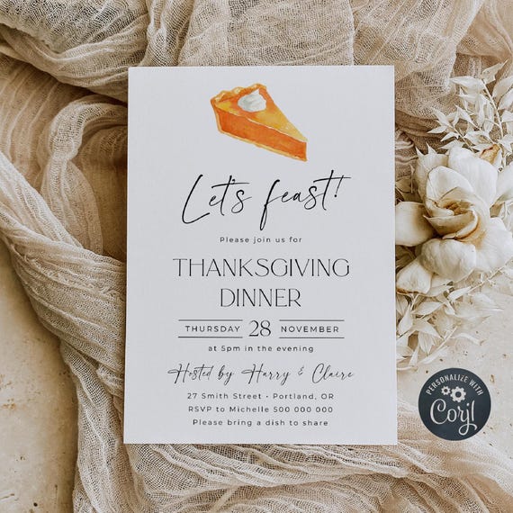Thanksgiving Dinner Pumpkin Pie Invitation Template, Printable Minimal Friendsgiving Invite, Editable Dinner Party Invite, Digital Download