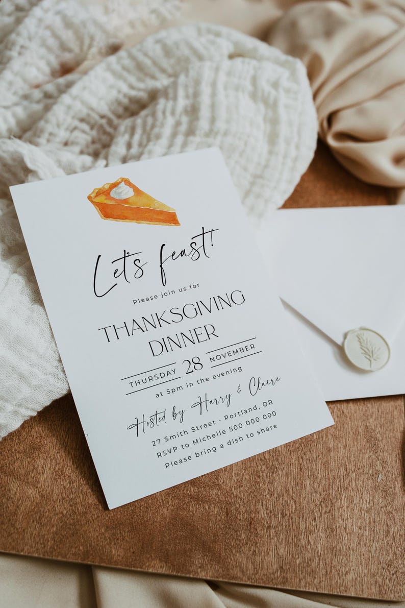 Thanksgiving Dinner Kürbiskuchen Einladung Vorlage, druckbare minimale Friendsgiving einladen, bearbeitbare Dinner Party einladen, digitaler Download Bild 3