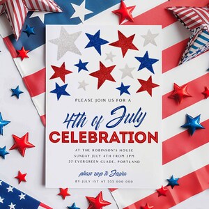 May include: A white invitation card with red, white, and blue star decorations. The card reads "4th of July Celebration" with event details. Decorative stars and patriotic elements surround the card, perfect for a summer holiday.