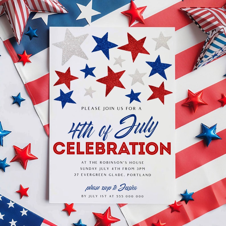 May include: A white invitation card with red, white, and blue star decorations. The card reads "4th of July Celebration" with event details. Decorative stars and patriotic elements surround the card, perfect for a summer holiday.