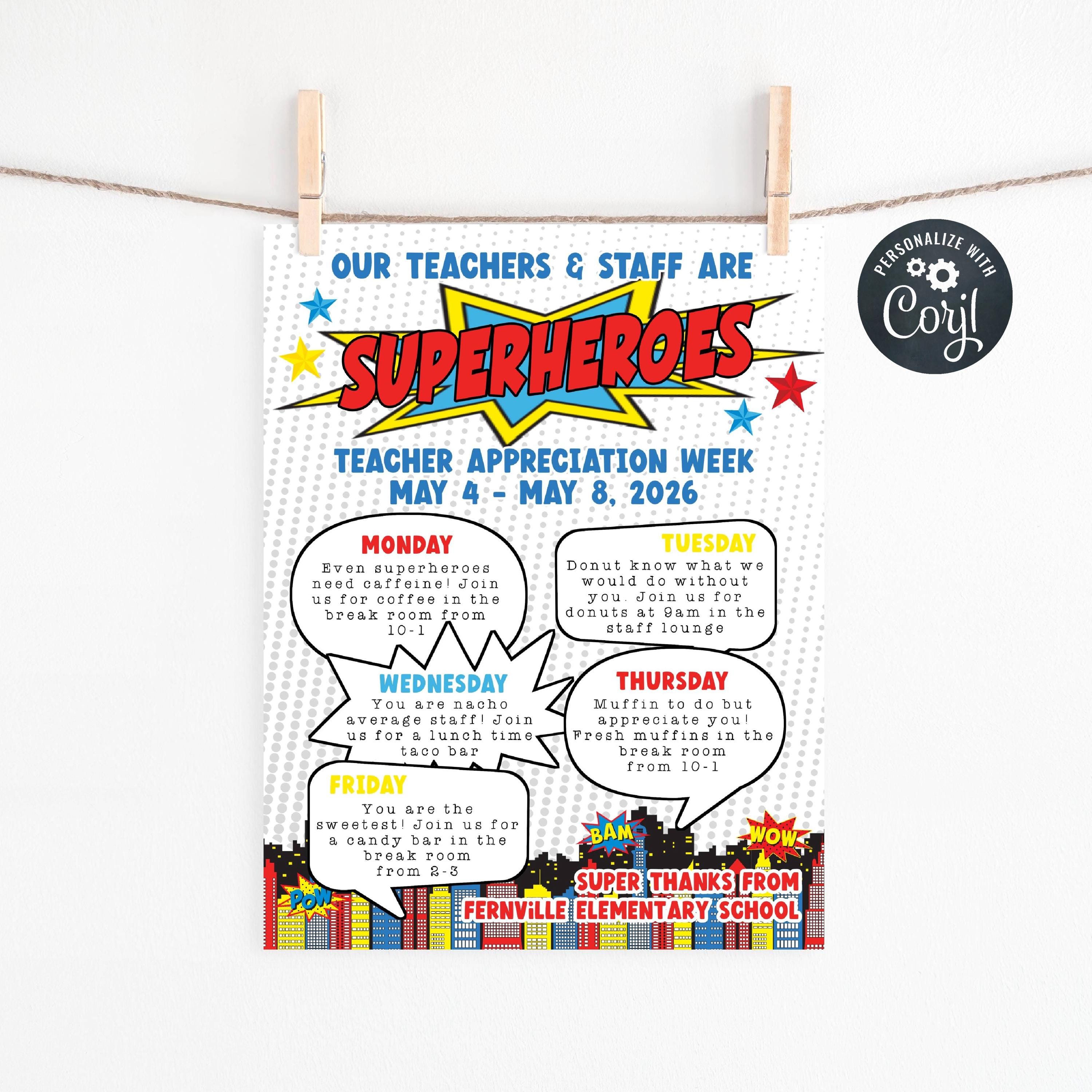 Superhero Teacher Appreciation Week Flyer Template, Printable Staff ...