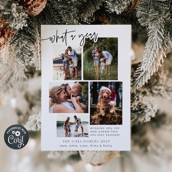 Mall för fotojulkort med "Vilket år"-motiv, utskrivbart julkort med bildkollage, redigerbart kort för familjeåret i återblick, direktnedladdning