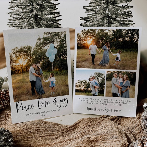 Peace Love & Joy Holiday Card Template, Printable Photo Christmas Card, Editable Modern Minimalist Family Holiday Card, Instant Download