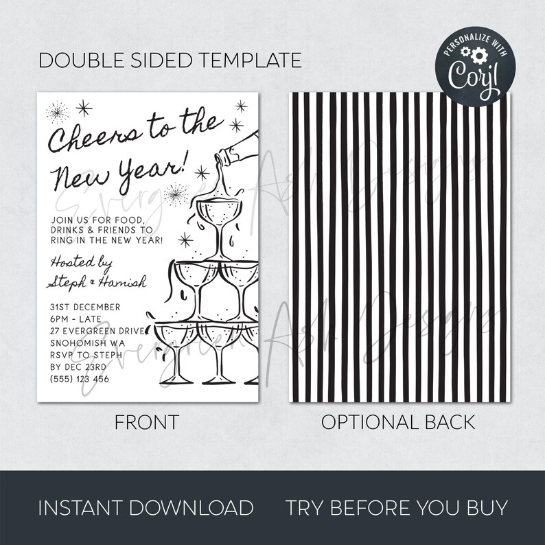New Year's Eve Champagne Tower Invitation Template, Printable Cheers To The New Year Invite, Editable Whimsical Invite, Digital Download image 4