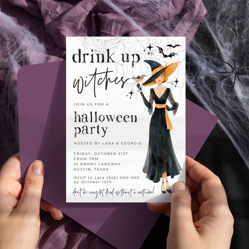 Drink Up Witches Halloween Invitation Template, Printable Costume Party Invite, Editable Cocktail Bats Witch Invite, Digital Download image 5