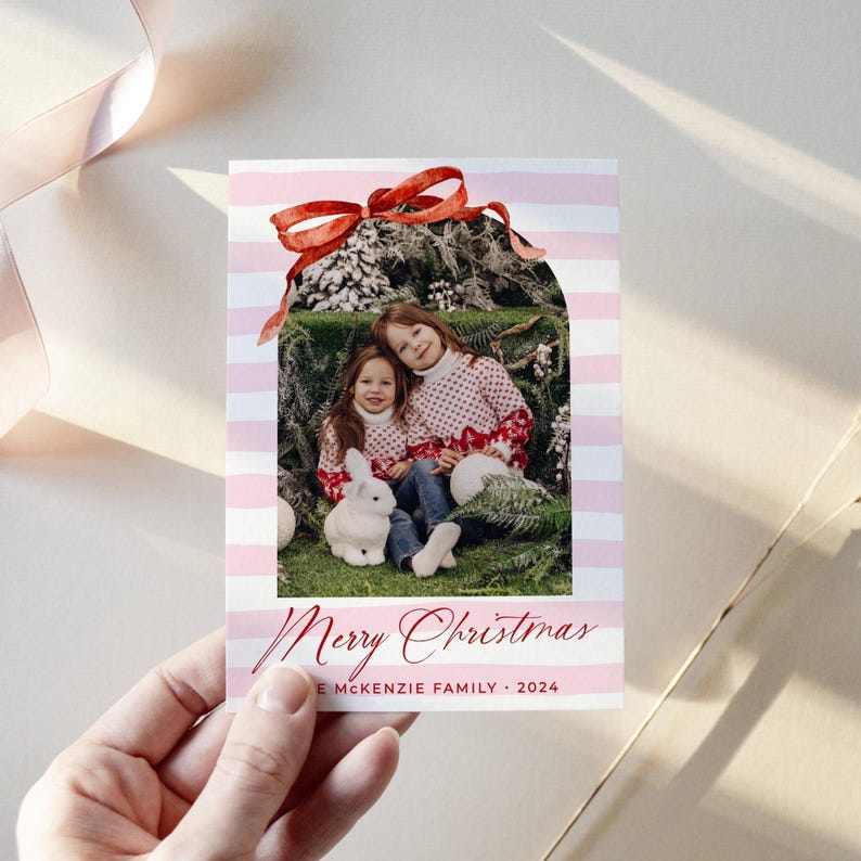 Red Bow Holiday Card Template, Printable Arch Photo Christmas Card ...