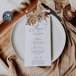 Plantilla de menú de boda de otoño Boho, menú de mesa floral de otoño imprimible, decoración de menú de flores de tono tierra rústica editable, descarga instantánea, #FF