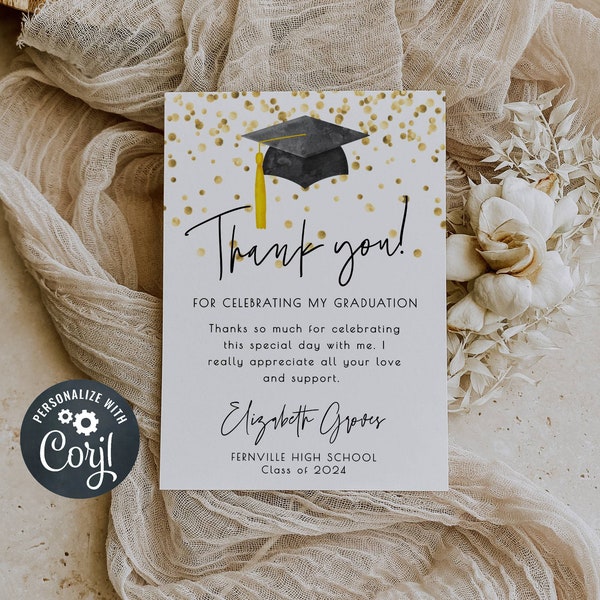 Graduation Thank You Card Template, Printable Graduate Confetti Thank You, Editable Modern Grad Thank You Note, Instant Download, #GC