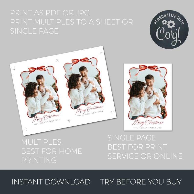 Red Bow Holiday Card Template, Printable Family Photo Christmas Card ...