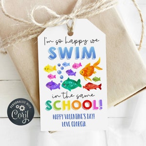 Goldfisch Valentinstag Geschenkanhänger Vorlage, druckbare Swim In The Same School Favor Tag, bearbeitbares schwedisches Fischklasse Tag, sofortiger Download